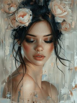 Modern portrait with flowers in pastel colours by Carla Van Iersel