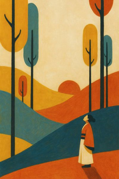 Paysage minimaliste avec une femme en robe traditionnelle au coucher du soleil par Rudi Pratama