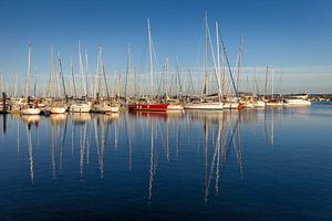 Weiße und rote Segelboote in Boltenhagen