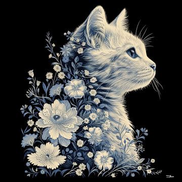 poes - kat in zwart wit met bloemen van Gelissen Artworks