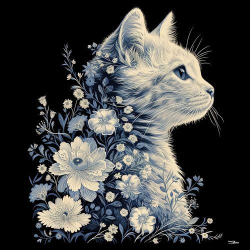 poes - kat in zwart wit met bloemen