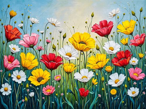 Schilderij met gekleurde bloemen