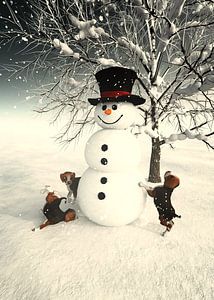Weihnachtszeit mit Schneemann und kleinen Hunden