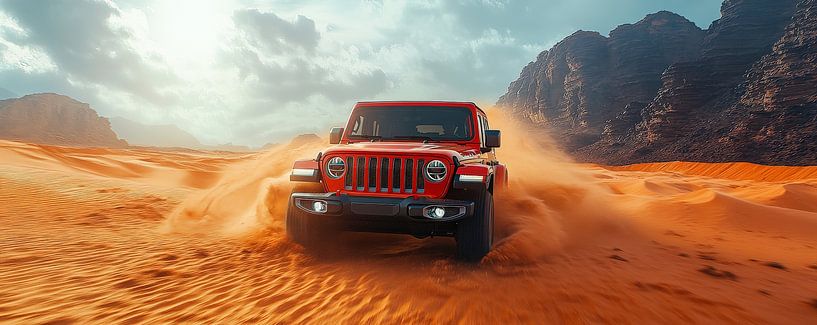 Roter Jeep Wrangler bei Sonnenuntergang in den Dünen von Lufy
