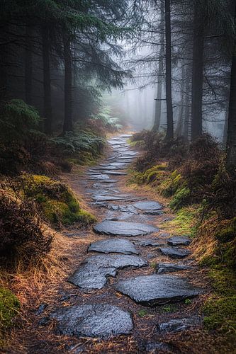 Mistig stenen pad door bos