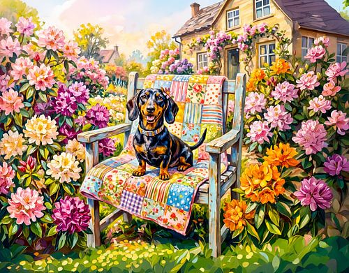 Dachshund Sitting on Floral Garden Bench Scene