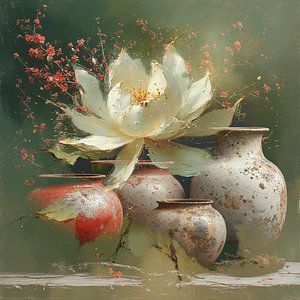 Ein Stillleben wabi sabi japandi Stil Keramik Lotus Kirschblüte.