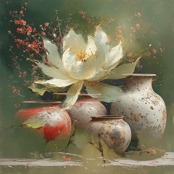 A still life wabi sabi japandi style pottery lotus cherry blossom. by J.a Dijkstra