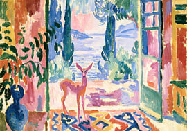 A sunny terrace with a deer and a view of the azure blue sea by Niklas Maximilian