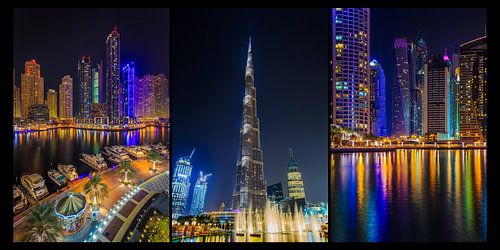 Dubai at night - Triptych of Burj Khalifa and Dubai Marina by Tux Photography