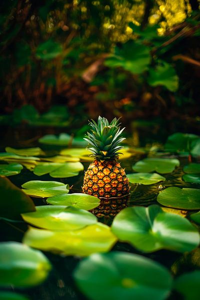 Ananas im Wasser zwischen Seerosenblättern von Poster Art Shop