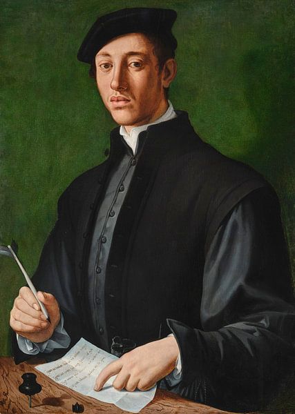 Portret van een man met een ganzenveer en een blad papier, Bronzino van Meesterlijcke Meesters