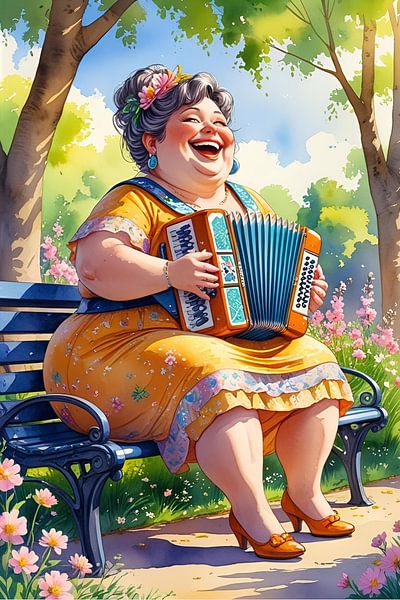 gezellige dame speelt accordeon in het park van De gezellige Dames