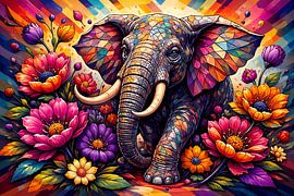 Elefant und Blumen von Linda de Klein