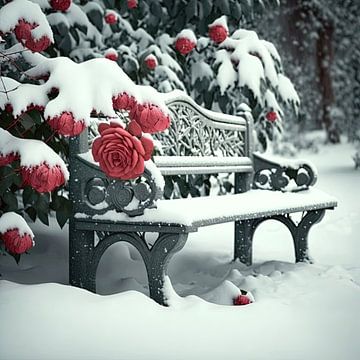 Bankje in het stadspark met rozen in de sneeuw van Denny Gruner