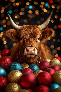 Weihnachtliche Hochlandkuh - Strahlende Kugeln und festliche Lichter
