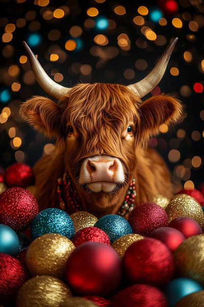 Christmassy Highland Cow - Radiant Balls and Festive Lights by Eva Lee