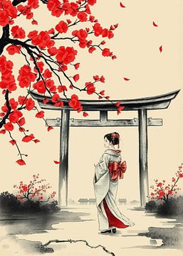 Femme japonaise en kimono avec des fleurs de cerisier