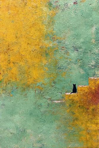 De Kat op de Trappen – Abstract Impasto Kat Schilderij