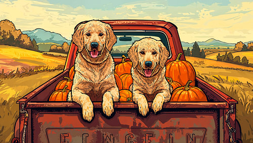 Golden Retriever in einem mit Kürbissen beladenen Lkw