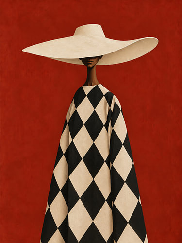 Harlequin Dress and Wide Cream Hat