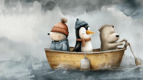 Winterliefhebbers in een klein houten bootje