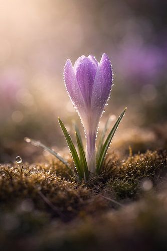 Krokus met delicate dauwdruppels in het ochtendlicht