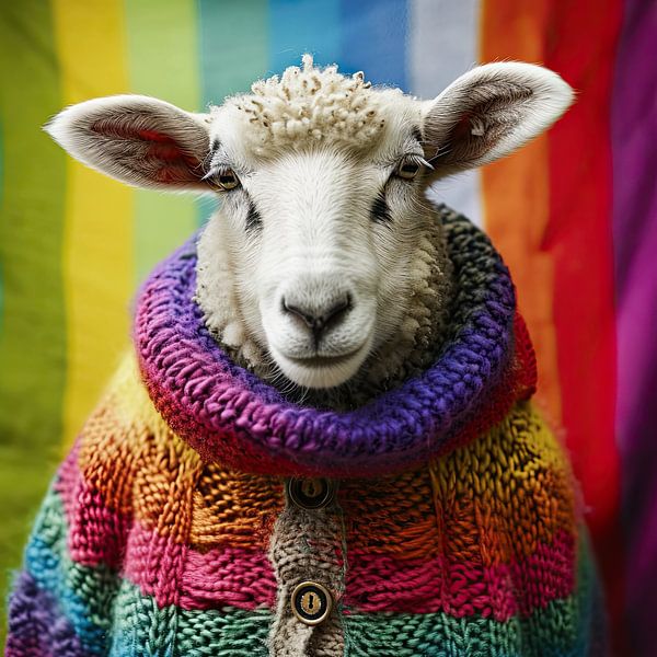 Sheep portrait in rainbow jumper by Vlindertuin-Art
