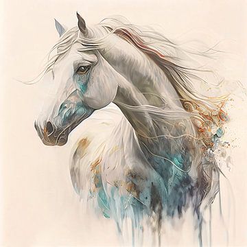 Sprookjesachtig portret van een wit paard  in Aquarel