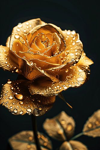 Prachtige gouden roos met reflecterende waterdruppels