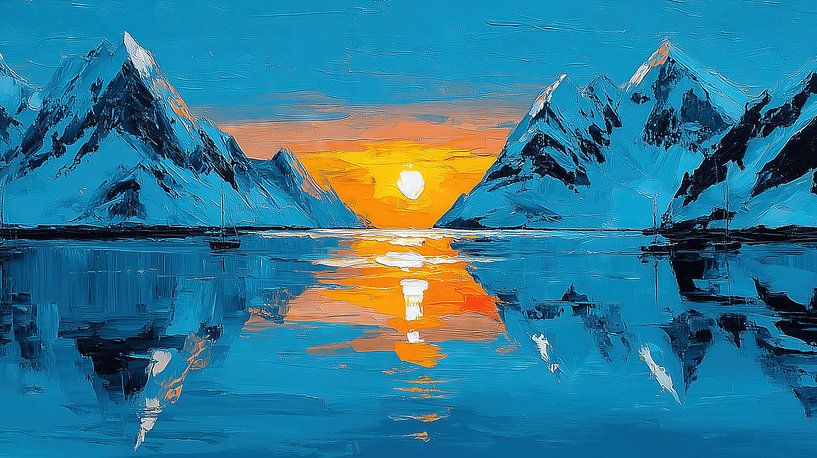 Sailboats in the sunset against a mountain backdrop by Frank Heinz