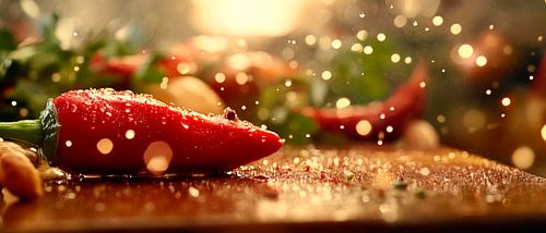 Spicy peppers on a wooden board