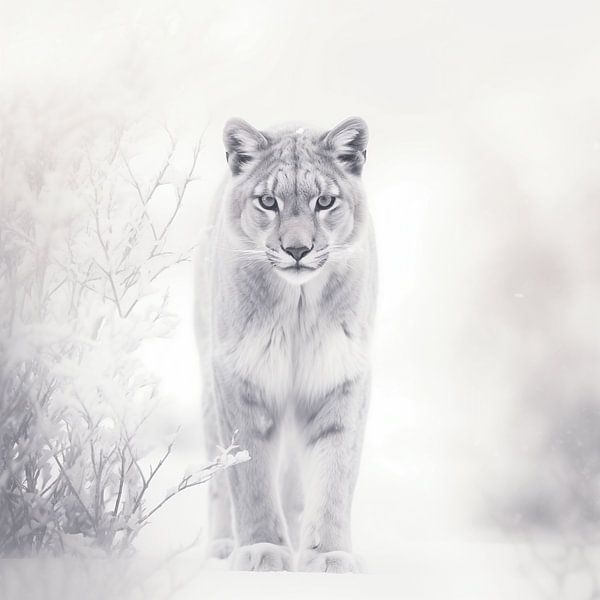Snow leopard in Silent Snow Landscape by Karina Brouwer