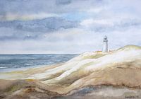 Dünenlandschaft mit Leuchtturm. Aquarell von Hans Sturris.