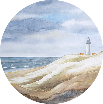 Duinen, zee, strand en vuurtoren. Duin landschap aquarel door Hans Sturris. van Galerie Ringoot