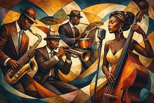 Schilderij van een jazzband.