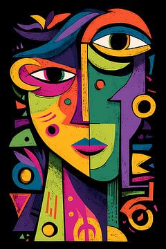 Abstract portret vrouw in limoen en paars