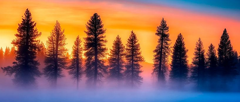 Silhouette de la forêt dans la brume matinale par Poster Art Shop
