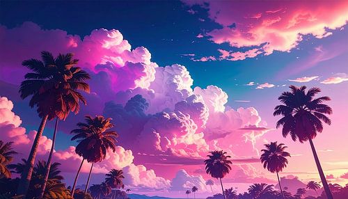 Retro vintage palmbomen met wolken