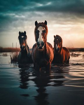 Paarden in het water van fernlichtsicht