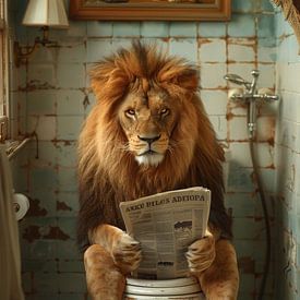 Un lion majestueux lit le journal dans la salle de bain sur Felix Brönnimann