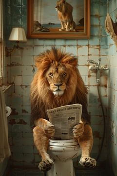 Un lion majestueux lit le journal dans la salle de bain