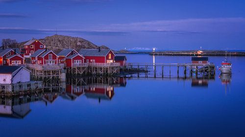 Reine, Lofoten – Red Rorbuer by the Fjord by Photo Wall Decoration