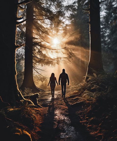 Promenade en forêt au lever du soleil par fernlichtsicht