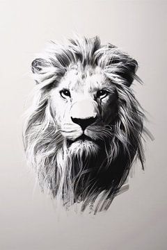 Monochrome Illustration eines Löwen in Nahaufnahme von De Muurdecoratie