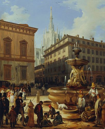 Angelo Inganni, vue de la rue de Milan, avec la cathédrale en arrière-plan, 1844