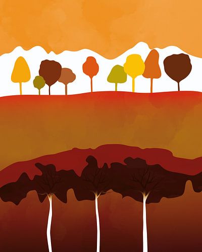 Abstrakte Herbstlandschaft mit Bäumen und Feldern