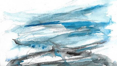 Abstrakte blaue Landschaft. Handgemalte Aquarellfarbe.