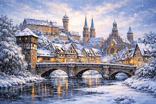 Neurenberg in Duitsland, een schilderij met een winters tafereel.