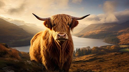 Portret Schotse Hooglander in ruig berglandschap